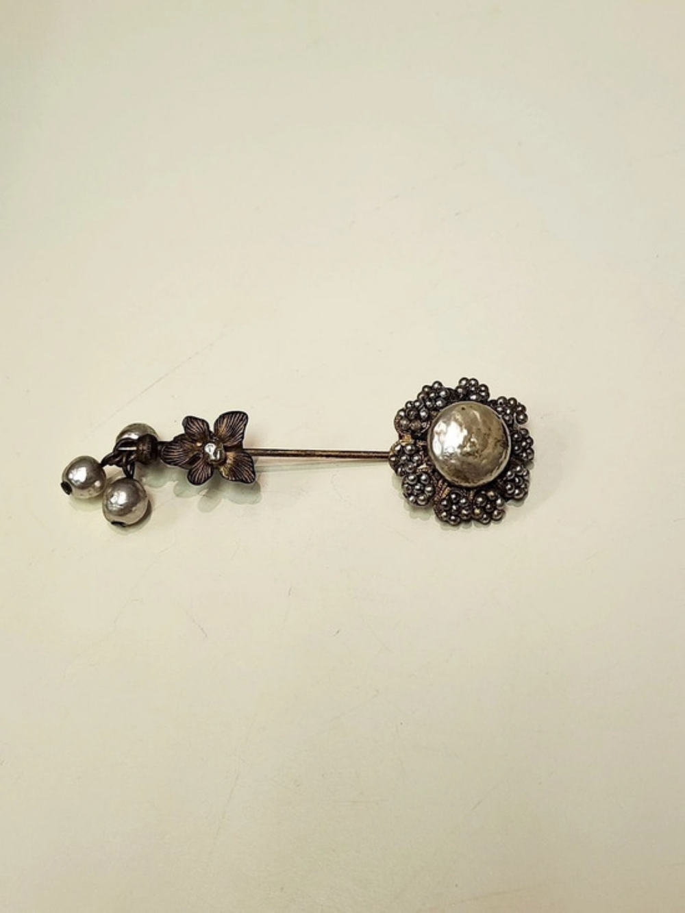 Miriam Haskell Vintage Faux Pearl Floral Stick Pin Brown & Silver